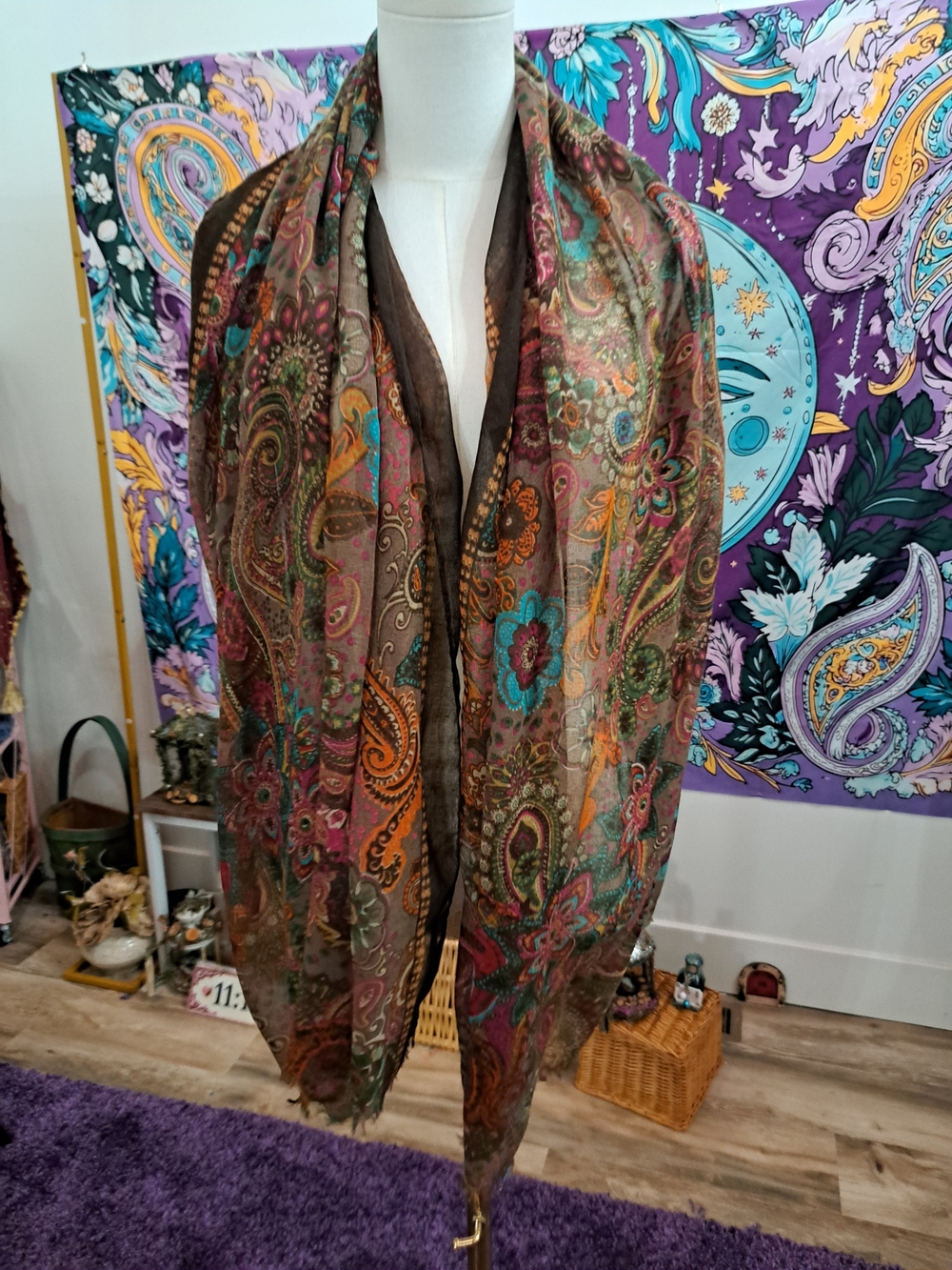 Jewel Paisley Sheer Boho Wrap Shawl Scarf | Teal Pink Orange Brown